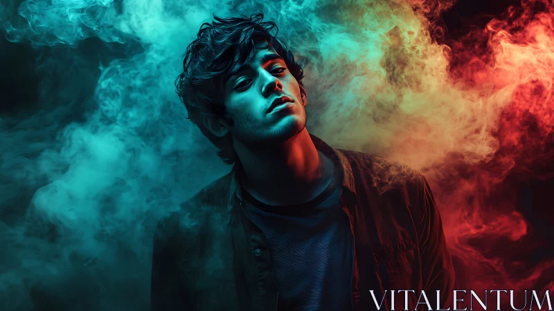 Young male subject stands amid colored smoke illumination