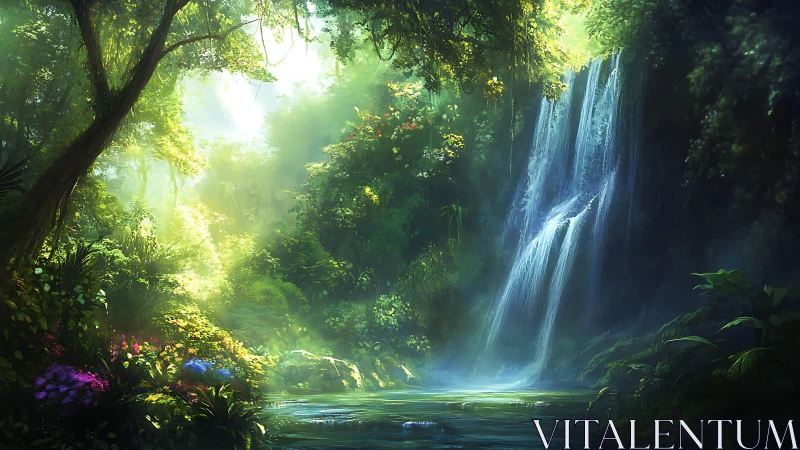 Waterfall in Dense Forest Environment with Tropical Vegetation.