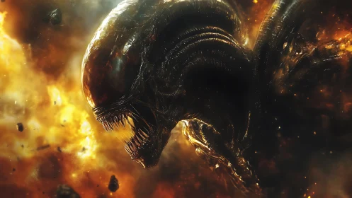 Alien creature roars in profile amid fiery exploding debris