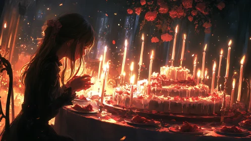 Silhouetted Woman Amid Crimson Roses and Glowing Candlelight.