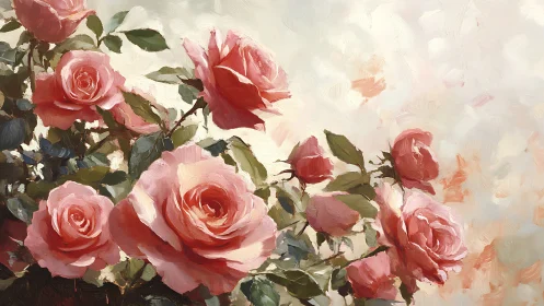 Blush roses open softly against a dreamy painted sky