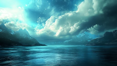 Glacial bay under dramatic turquoise storm clouds glows bright