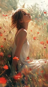 Woman in white dress seated in sunlit poppy meadow scene.