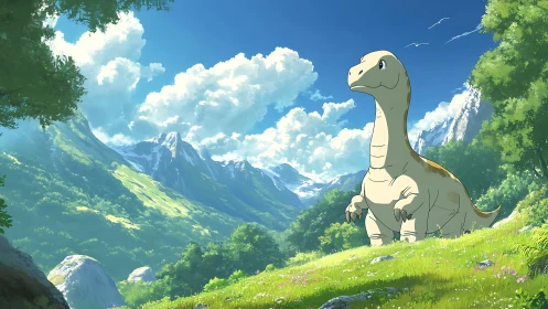 Cartoon sauropod dinosaur in sunlit alpine valley with layered depth