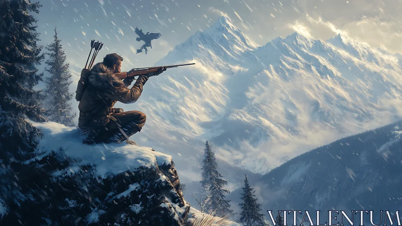 Archer Perched on Mountain Overlook Aiming at Flying Dragon