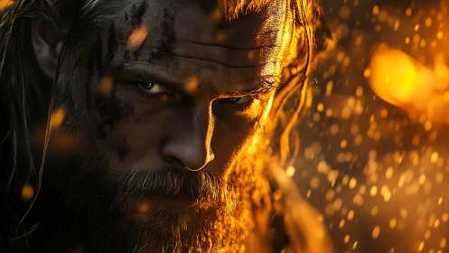 War-torn Viking warrior rendered in cinematic firelit close-up