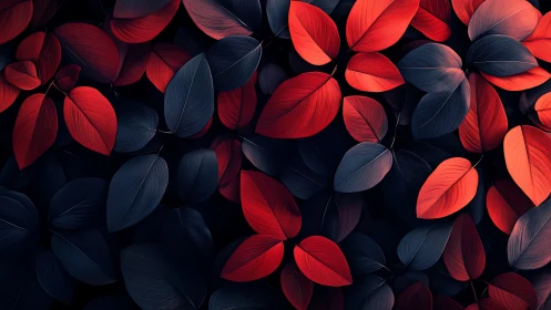Digital foliage pattern with red and navy abstract leaves.