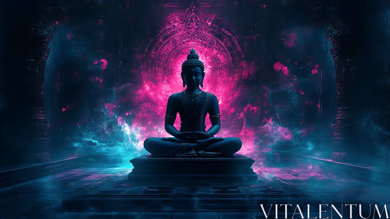 Neon-illuminated Buddha silhouette in chromatic cyberpunk temple.