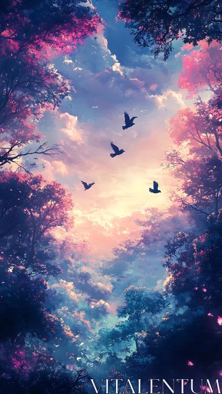 Vertical forest canopy with birds against sunset sky.