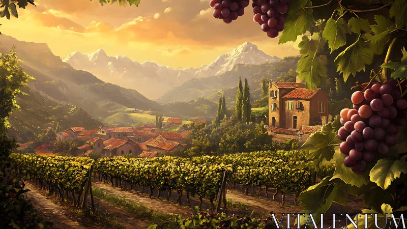 Sunlit hillside vineyard with village and distant mountains.