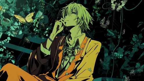 Butterfly-draped daydreamer in neon jungle repose.