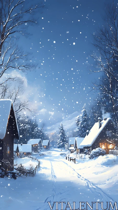 Snowflakes drift slowly while a winter village quietly glows