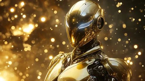 Highly reflective gold humanoid robot stands amid bokeh lights