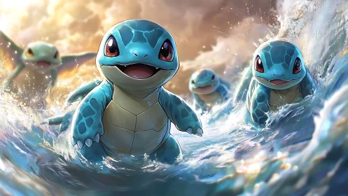Squirtle group charging through bright ocean waves.