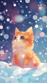 Orange feline subject in snow environment with bokeh backdrop.