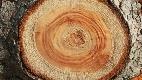 Close-up of Tree Trunk Cross Section with Visible Growth Rings.