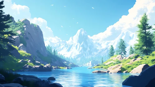 Sunlit alpine lake beneath towering snow peaks.