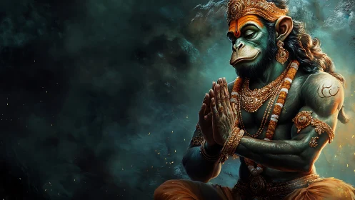 Peaceful monkey deity in quiet prayerful meditation.