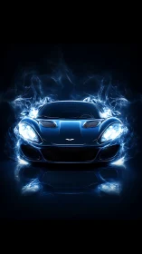 Blue sports car front view with electric light effects.