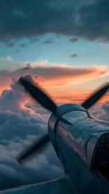 Propeller aircraft nose over cloud layer at sunset sky.