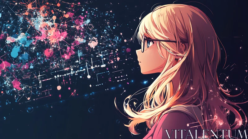 Girl in neon starfield contemplates glowing data cosmos.