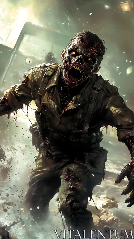 Undead soldier advances through burning battlefield chaos.