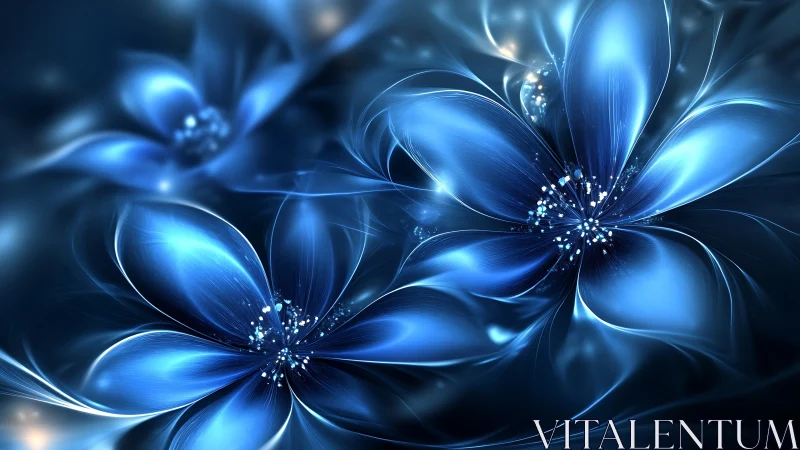Luminous blue fractal flowers with radiant light petals.