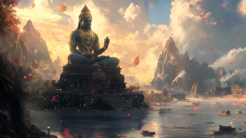 Colossal serene deity statue above mystical river city.