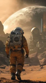 Lone astronaut strides toward a glowing off world colony