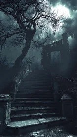 Stone staircase leads to ruined structure under storm clouds