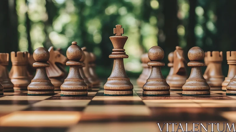Wooden chess king and pawns aligned on outdoor board.