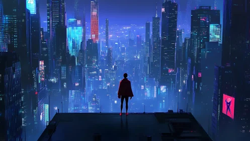 Lone caped figure surveys neon-drenched futuristic megacity skyline.