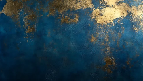 Deep ultramarine wall with distressed metallic gold patina.