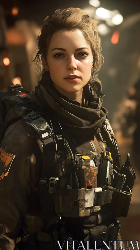 Resolute futuristic soldier in tactical armor portrait.