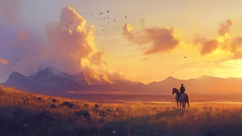 Solitary rider beneath blazing sunset over distant peaks.