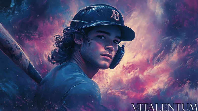 Cinematic digital portrait of a baseball batter in neon vaporwave light