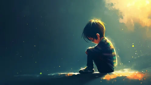 Sad child sits alone in dramatic side lighting glow