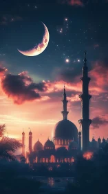 Luminous crescent over domed mosque in atmospheric dusk sky.