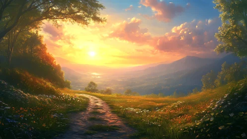 Digital painting landscape with sunlit valley perspective path.