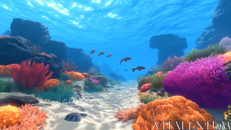 Radiant coral canyon with schooling fish in clear shallows.