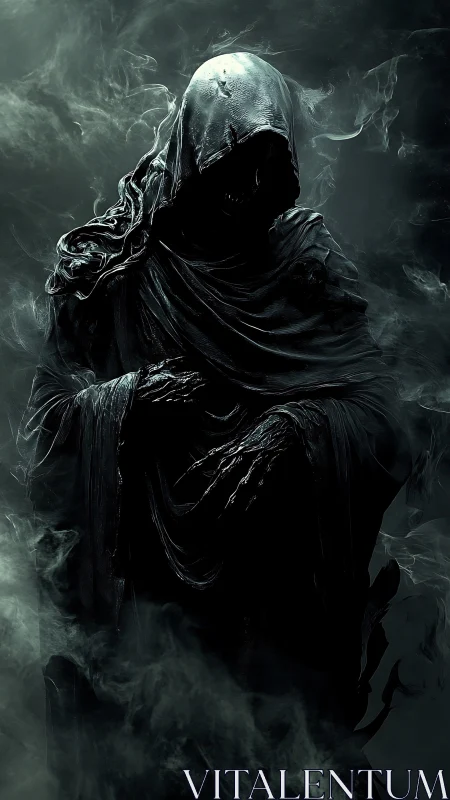 Hooded wraith emerging from swirling shadowed mist.