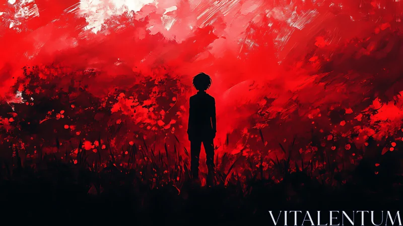 Silhouette child adrift in a crimson storm of painted fire.