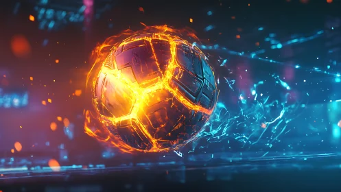 Futuristic molten-tech football sphere collides with neon plasma