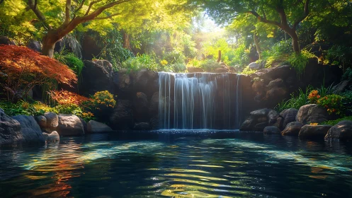 Waterfall descends into shaded pond within dense garden