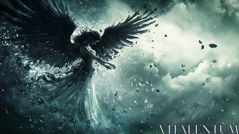 Dark winged angel in swirling shattered storm clouds.
