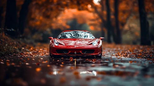 Crimson supercar gliding through reflective autumn avenue.