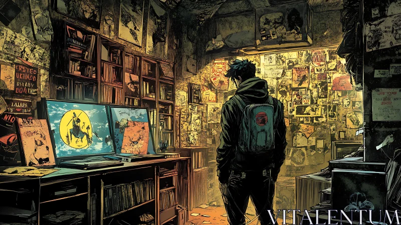 Alone in the neon cluttered studio of digital conspiracies.