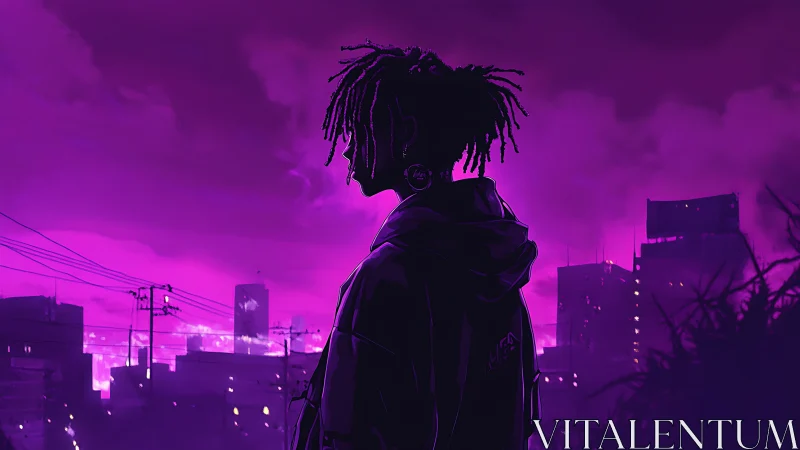 Neon city dreamer pausing under a deep violet twilight.