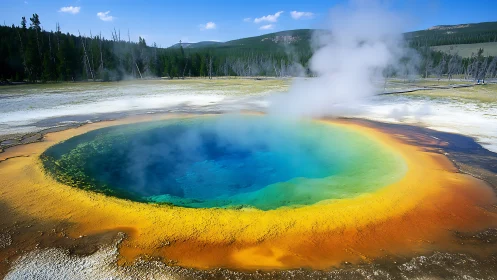 Vibrant geothermal hot spring shimmers beneath clear blue sky