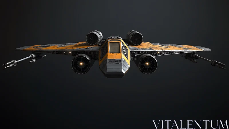 Orange sci fi starfighter front view on dark background.